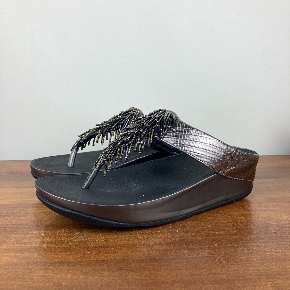 Fit Flop Cha Cha Metallic Silver Beaded Thong Sandals Flip Flops Rumba Women’s 7